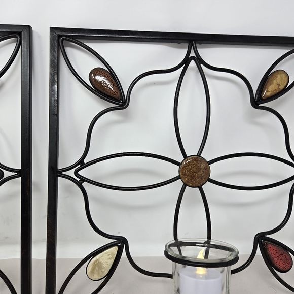 Elements Set Of 2 Wall Decor Candle Holders Black Metal Flower Design & Stones - Picture 7 of 14